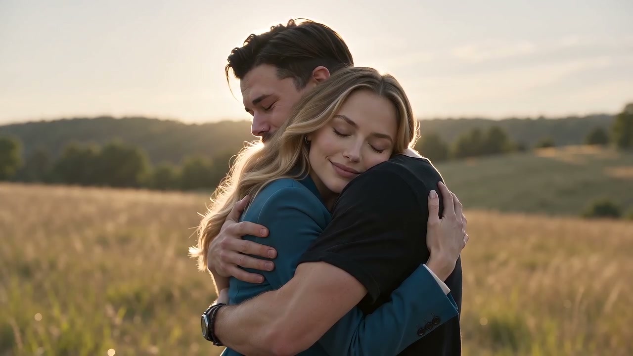 The two characters embracing in warm light after recognition